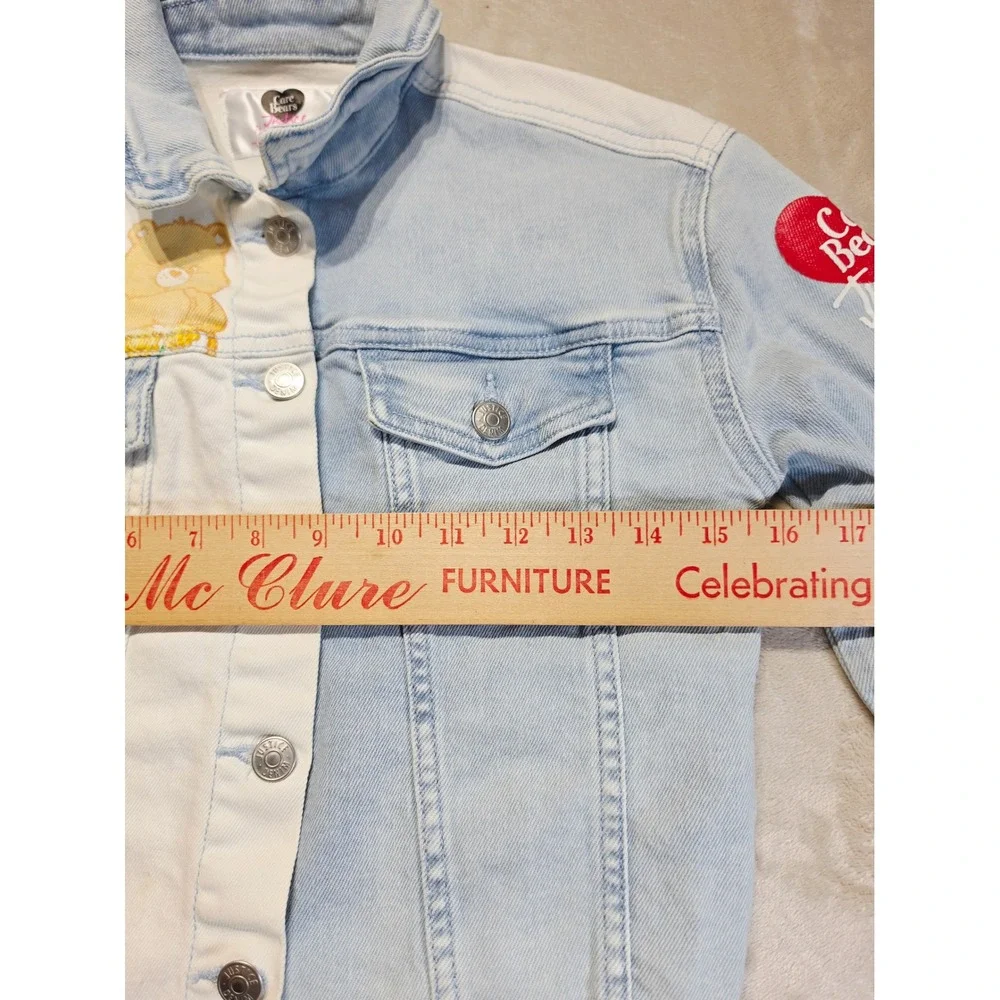 Justice Care Bears Denim Jacket Girls Sz 7/8 Light Wash Two Tone Frayed Hem